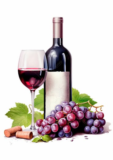 Imagem de uma garrafa de vinho tinto com uvas ao lado 17