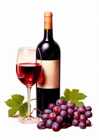 Imagem de uma garrafa de vinho tinto com uvas ao lado 22