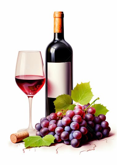 Imagem de uma garrafa de vinho tinto com uvas ao lado 23