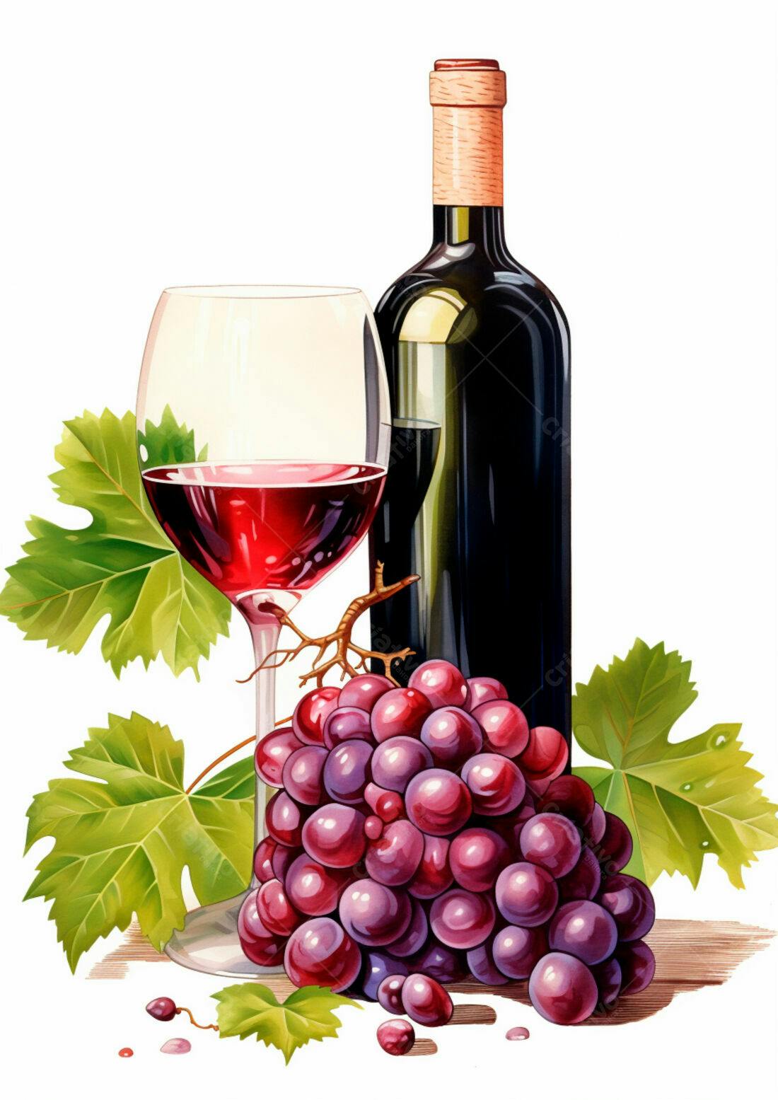 Taça de vinho tinto uvas e garrafa