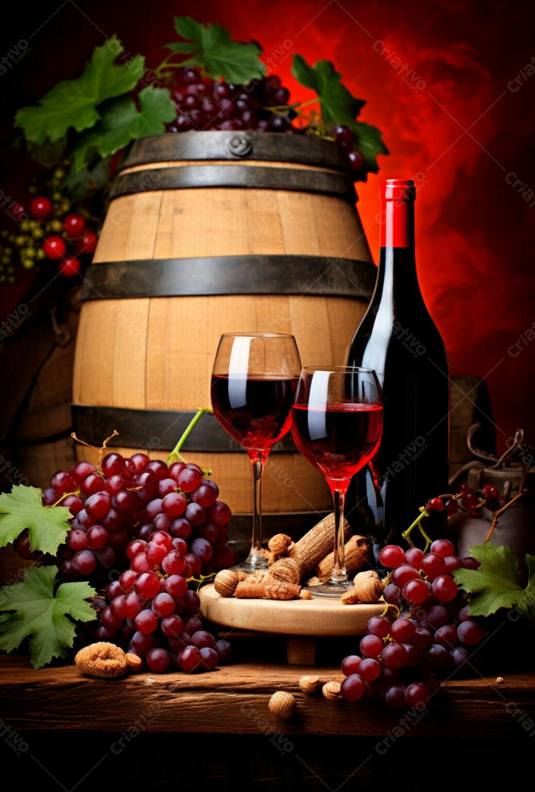 Vinho tinto uvas e barril