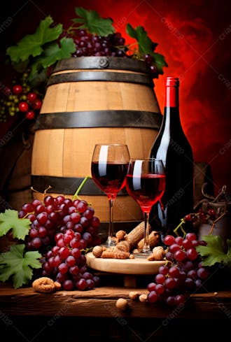 Imagem de uma garrafa de vinho tinto com uvas ao lado 26