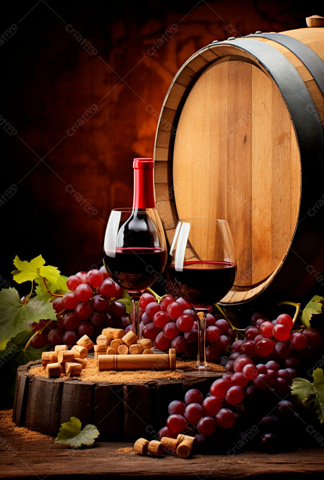 Vinho tinto uvas e barril de madeira