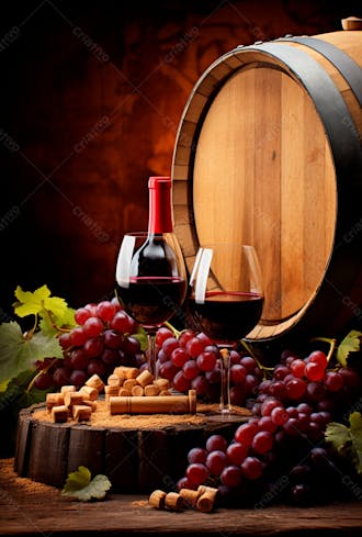 Imagem de uma garrafa de vinho tinto com uvas ao lado 27