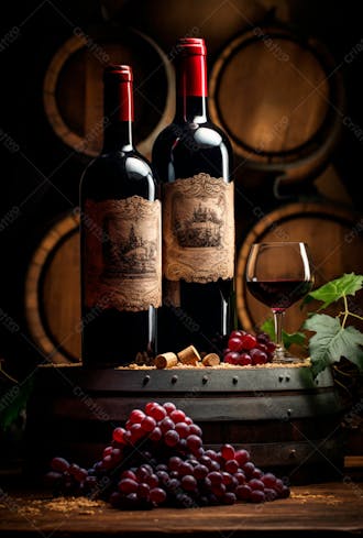Imagem de uma garrafa de vinho tinto com uvas ao lado 29
