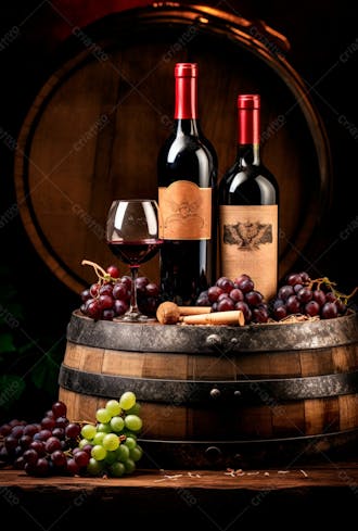Imagem de uma garrafa de vinho tinto com uvas ao lado 30