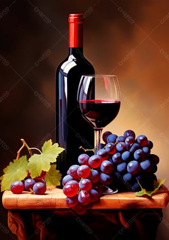 Imagem de uma garrafa de vinho tinto com uvas ao lado 31