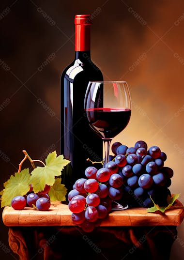 Imagem de uma garrafa de vinho tinto com uvas ao lado 31