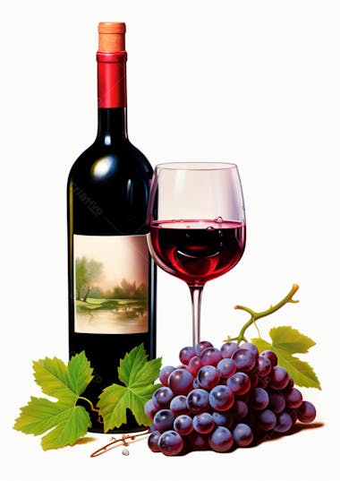 Imagem de uma garrafa de vinho tinto com uvas ao lado 32