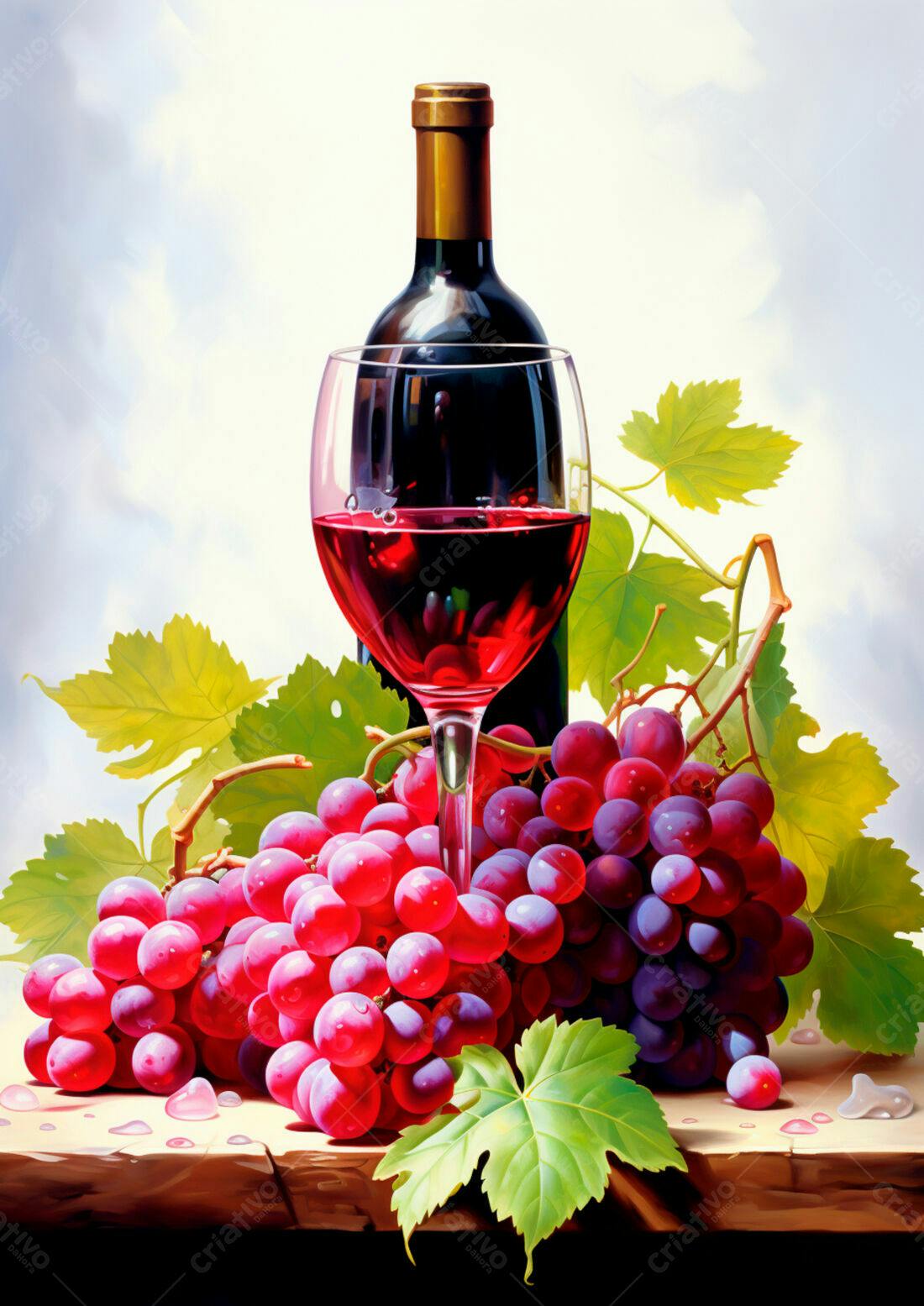Taça de vinho tinto uvas e garrafa