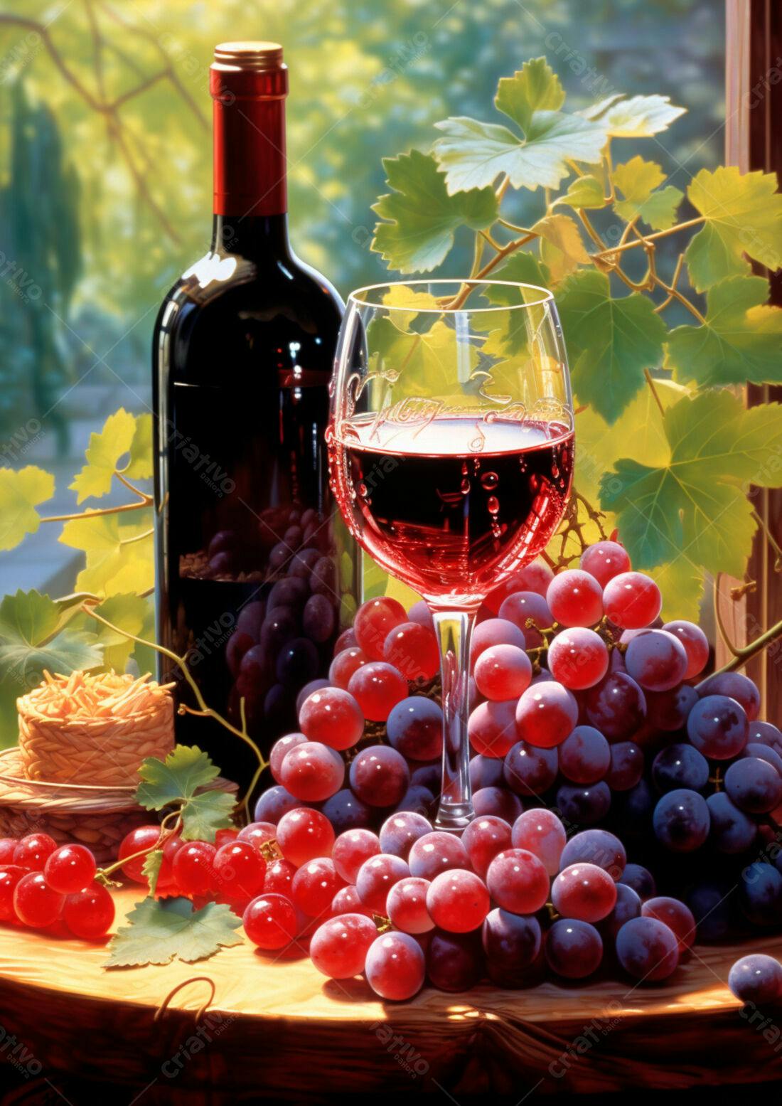 Vinho tinto uvas e taça sobre mesa de madeira