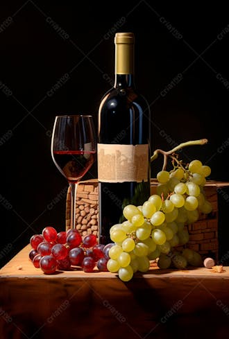 Imagem de uma garrafa de vinho tinto com uvas ao lado 35