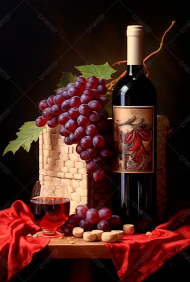 Imagem de uma garrafa de vinho tinto com uvas ao lado 36