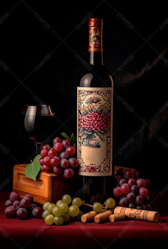 Imagem de uma garrafa de vinho tinto com uvas ao lado 37