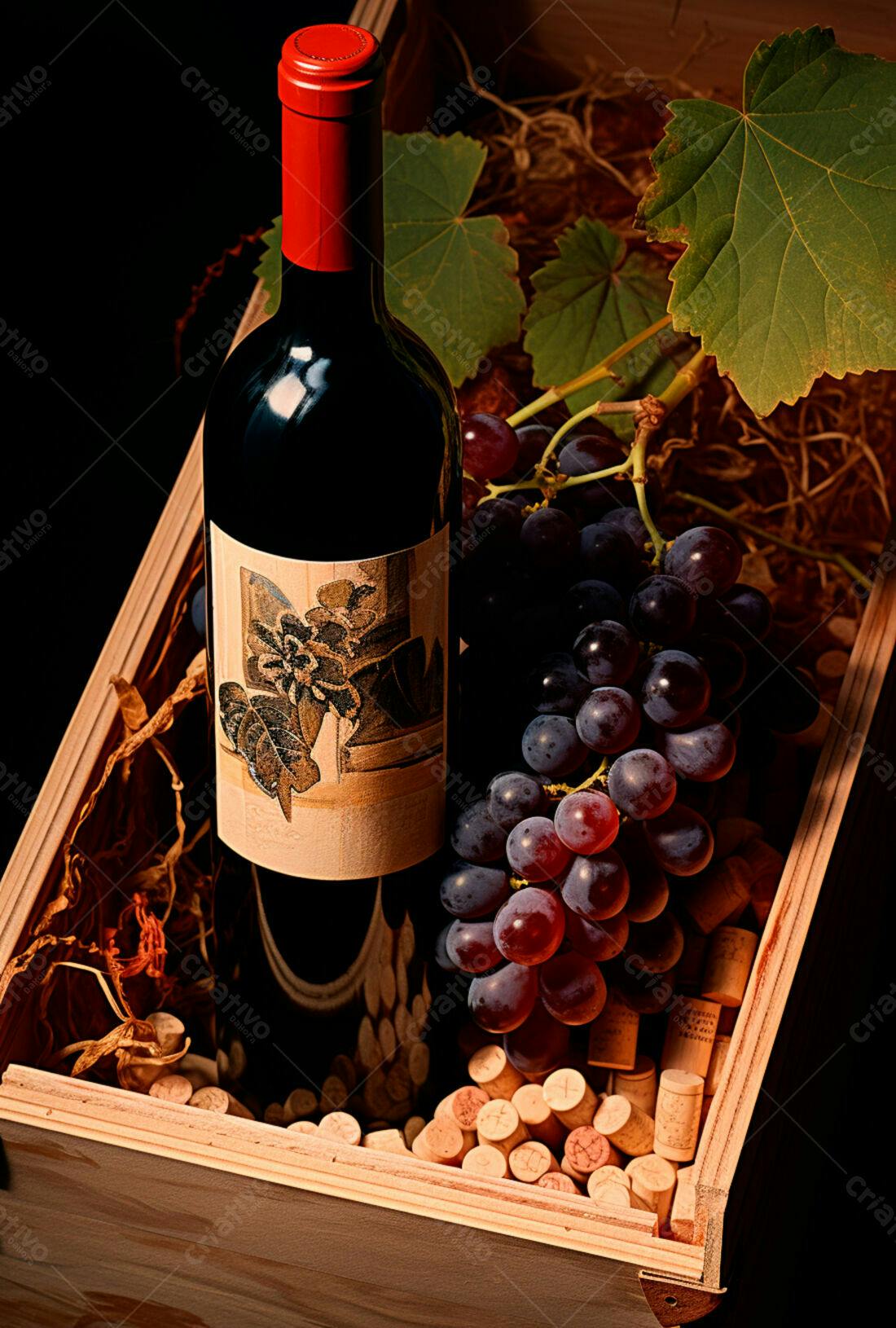 Garrafa vinho tinto uvas caixa madeira
