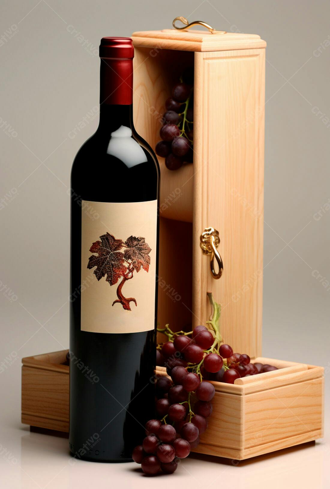 Garrafa de vinho tinto em caixa de madeira