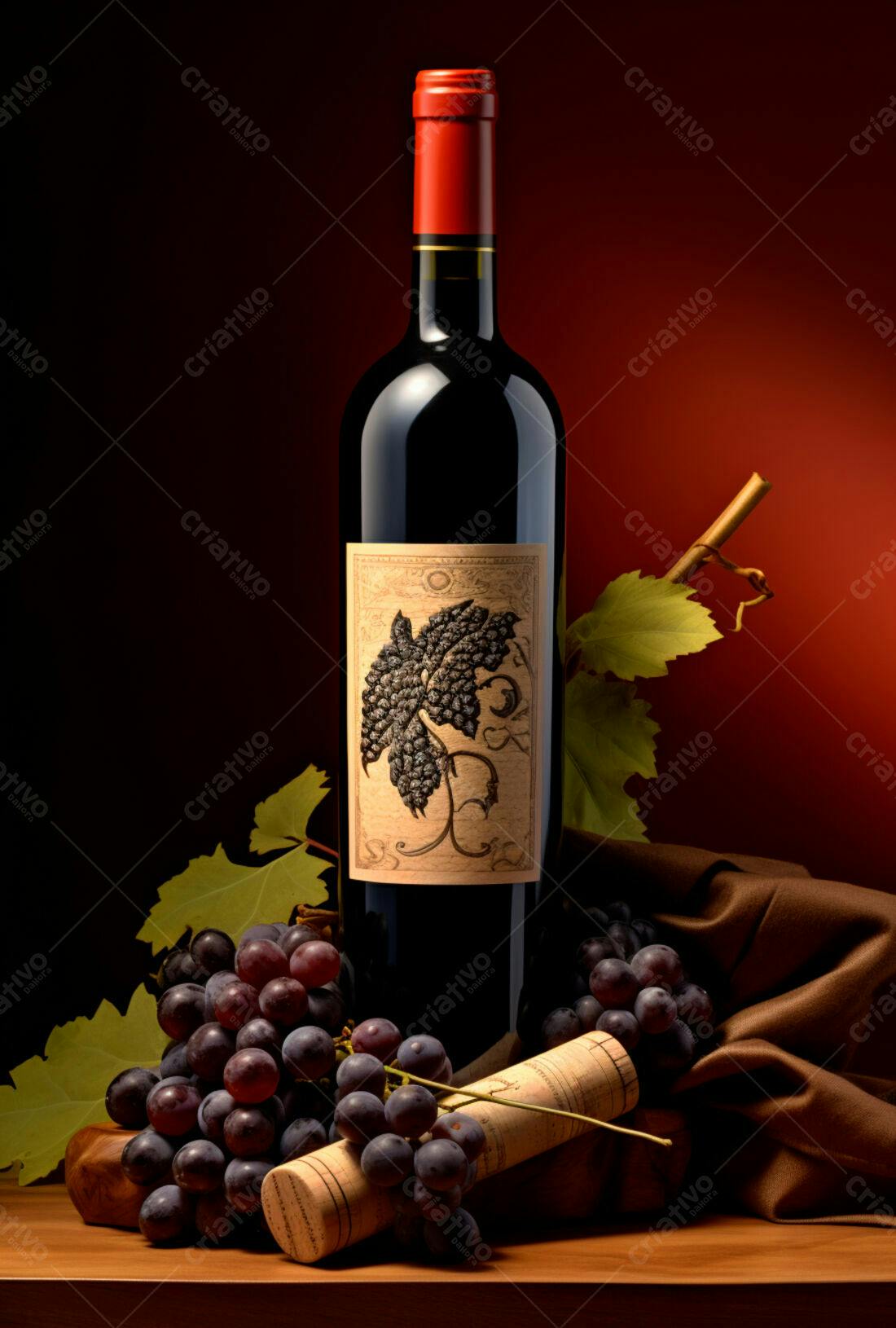 Garrafa de vinho tinto uvas e rolha