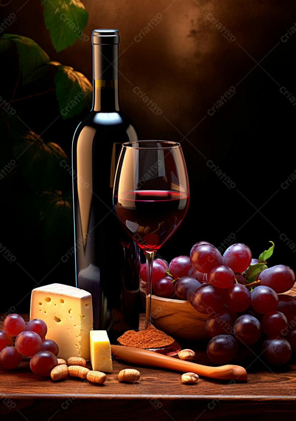 Imagem De Uma Garrafa De Vinho Tinto Com Queijo E Uvas Ao Lado 1