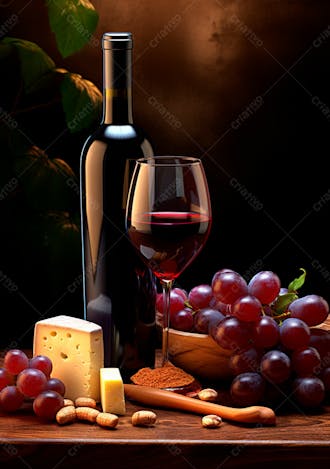 Imagem de uma garrafa de vinho tinto com queijo e uvas ao lado 1
