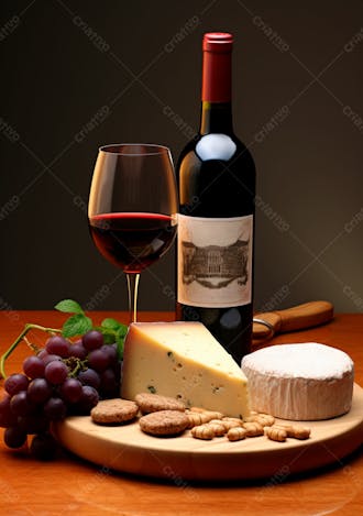 Imagem de uma garrafa de vinho tinto com queijo e uvas ao lado 2