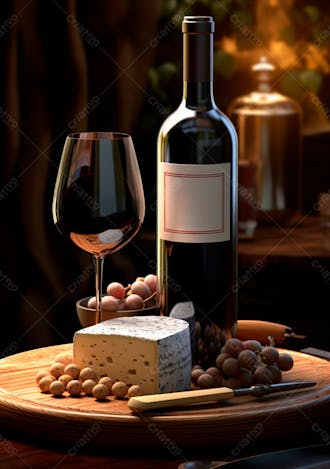 Imagem de uma garrafa de vinho tinto com queijo e uvas ao lado 3