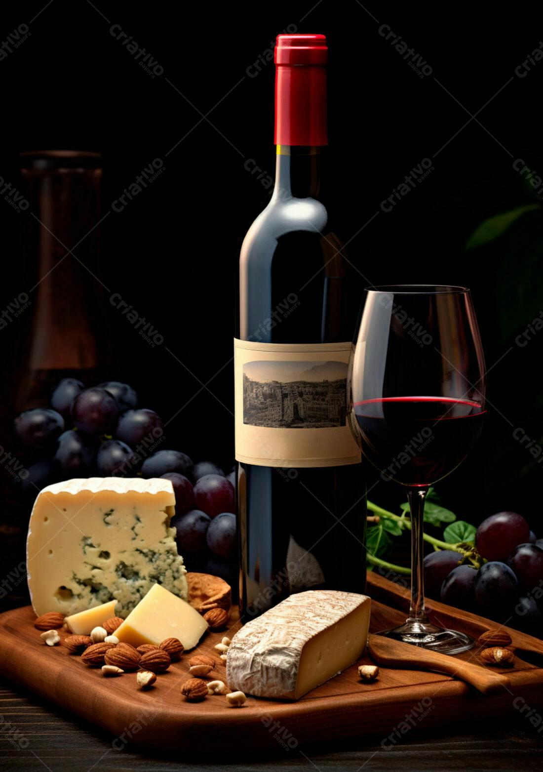 Vinho tinto queijo e uvas em tábua de madeira