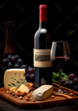 Imagem de uma garrafa de vinho tinto com queijo e uvas ao lado 4