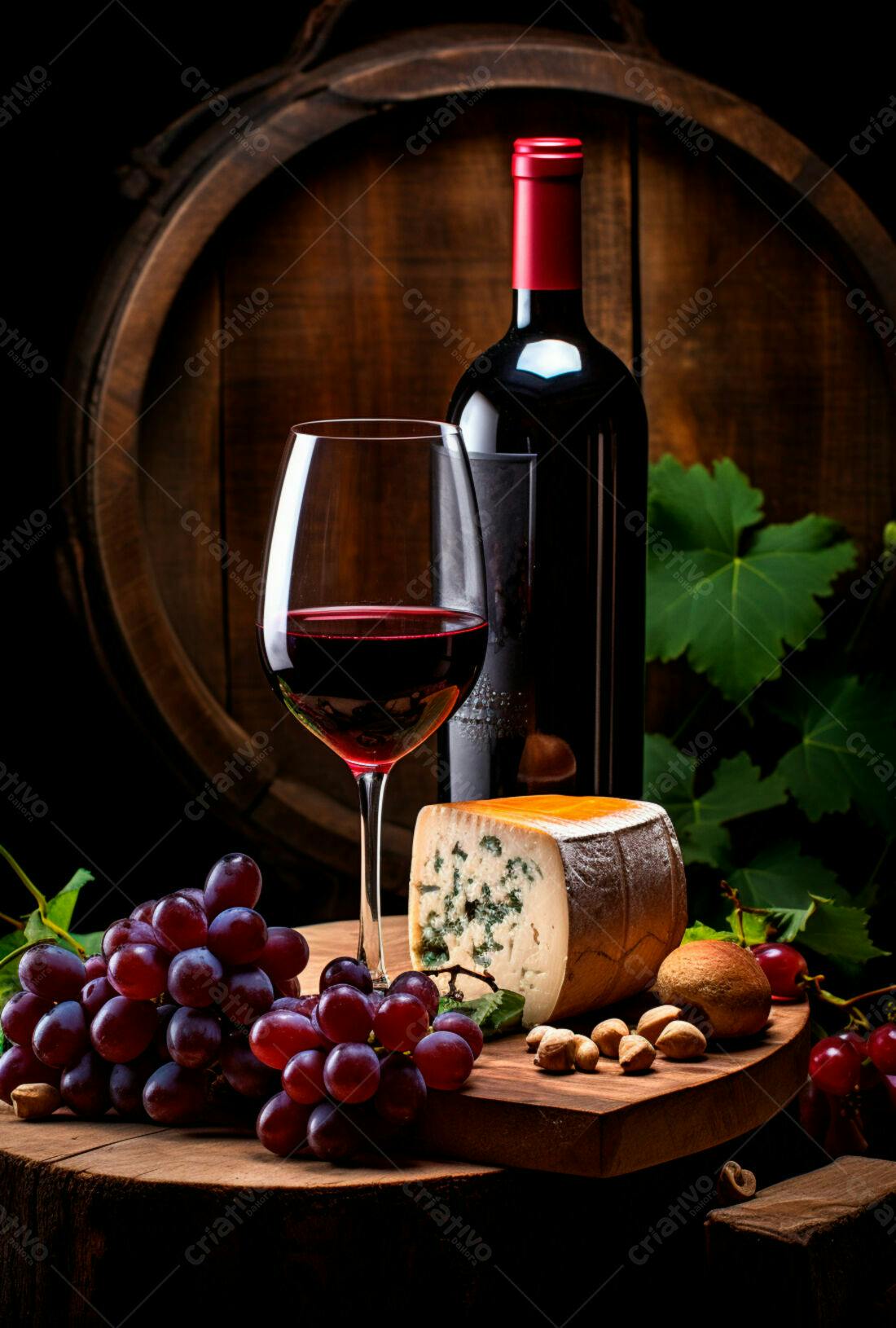 Vinho tinto queijo e uvas cenário rústico