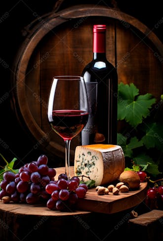Imagem de uma garrafa de vinho tinto com queijo e uvas ao lado 5