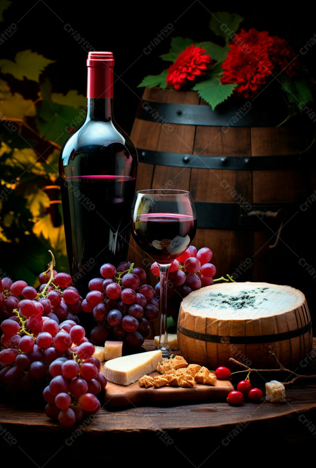 Vinho tinto queijo e uvas em barril de madeira