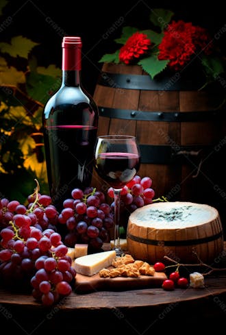 Imagem de uma garrafa de vinho tinto com queijo e uvas ao lado 6