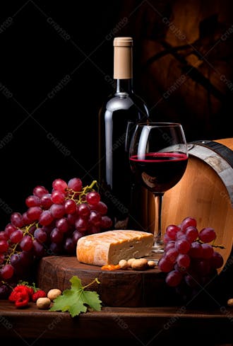 Imagem de uma garrafa de vinho tinto com queijo e uvas ao lado 7
