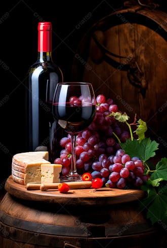 Imagem de uma garrafa de vinho tinto com queijo e uvas ao lado 8