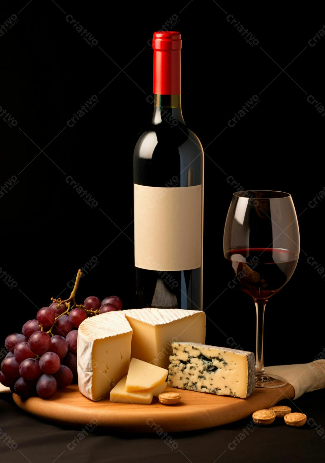 Vinho tinto queijo e uvas em mesa escura