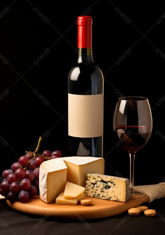 Imagem de uma garrafa de vinho tinto com queijo e uvas ao lado 9
