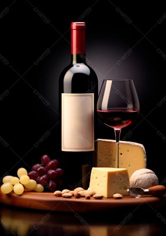 Imagem de uma garrafa de vinho tinto com queijo e uvas ao lado 11