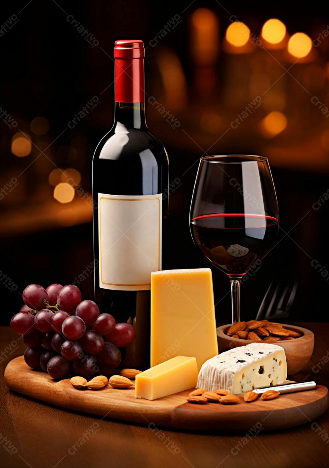 Vinho tinto queijo e uvas em mesa de madeira