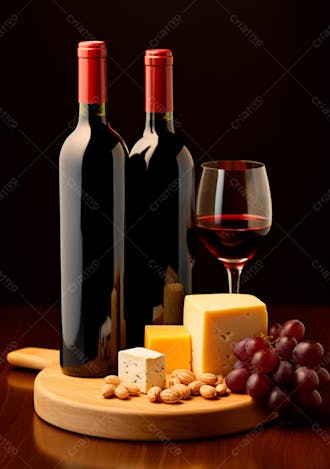 Imagem de uma garrafa de vinho tinto com queijo e uvas ao lado 12