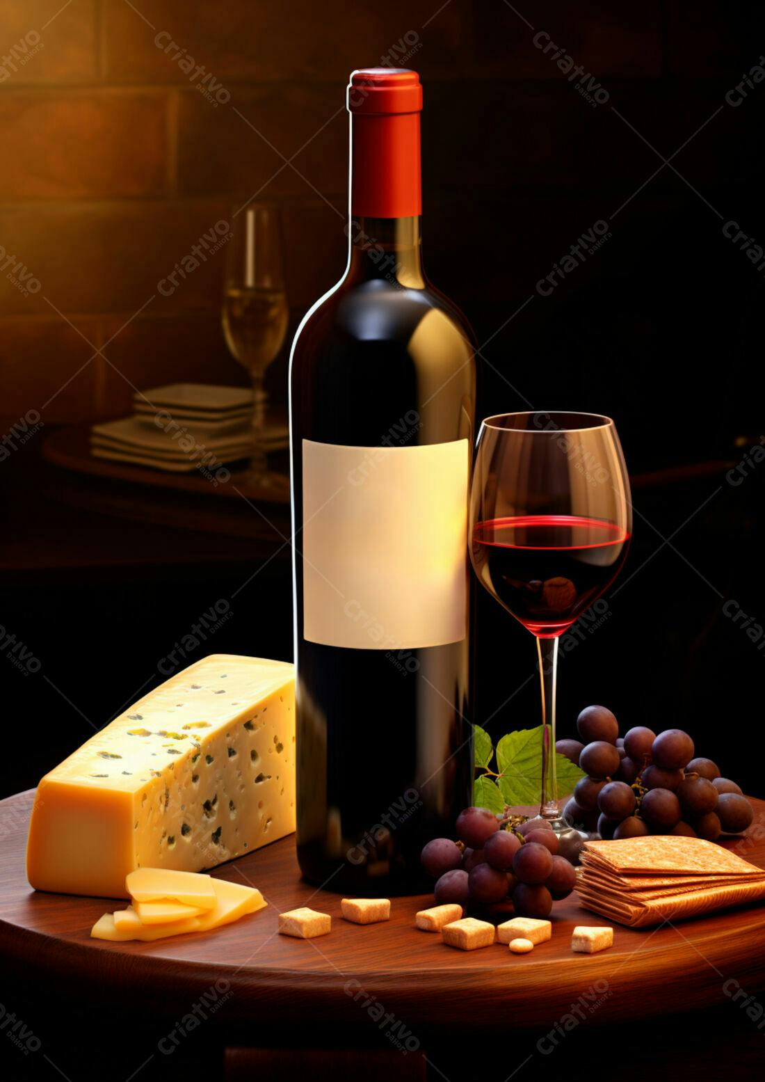 Vinho tinto queijo e uvas mesa de madeira