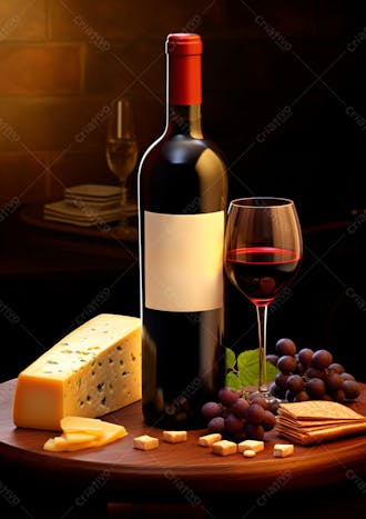 Imagem de uma garrafa de vinho tinto com queijo e uvas ao lado 14