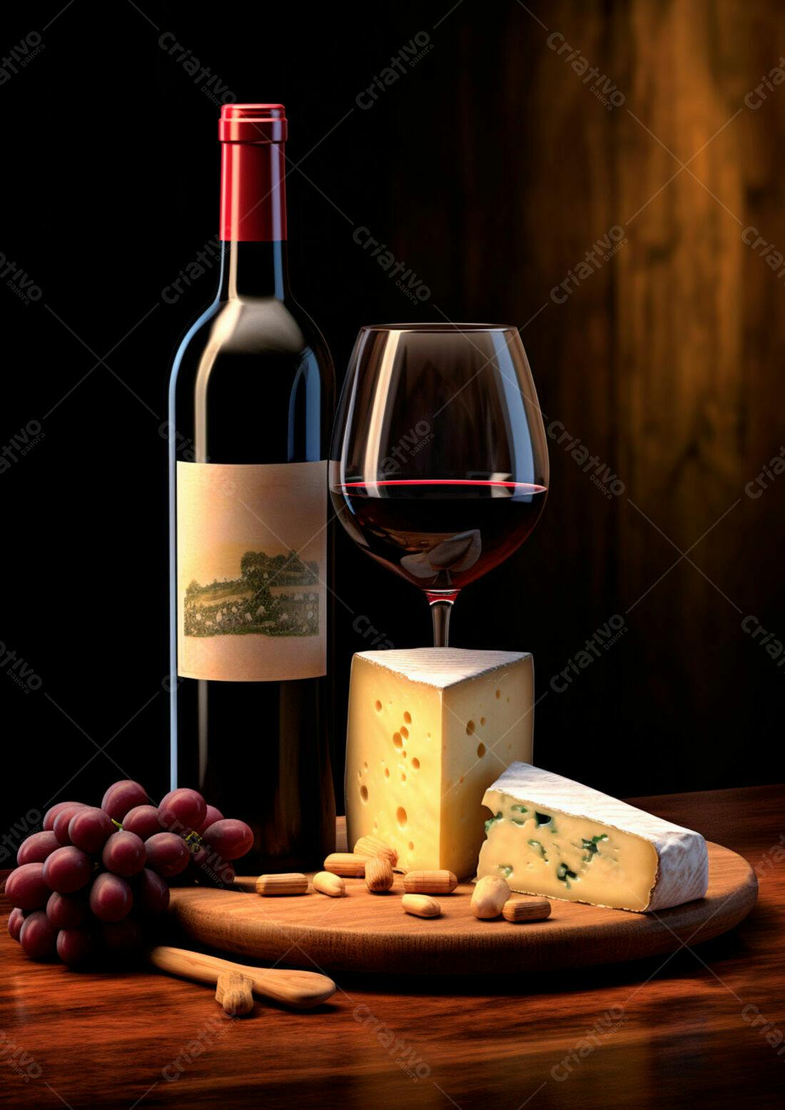 Vinho tinto queijo e uvas em mesa de madeira