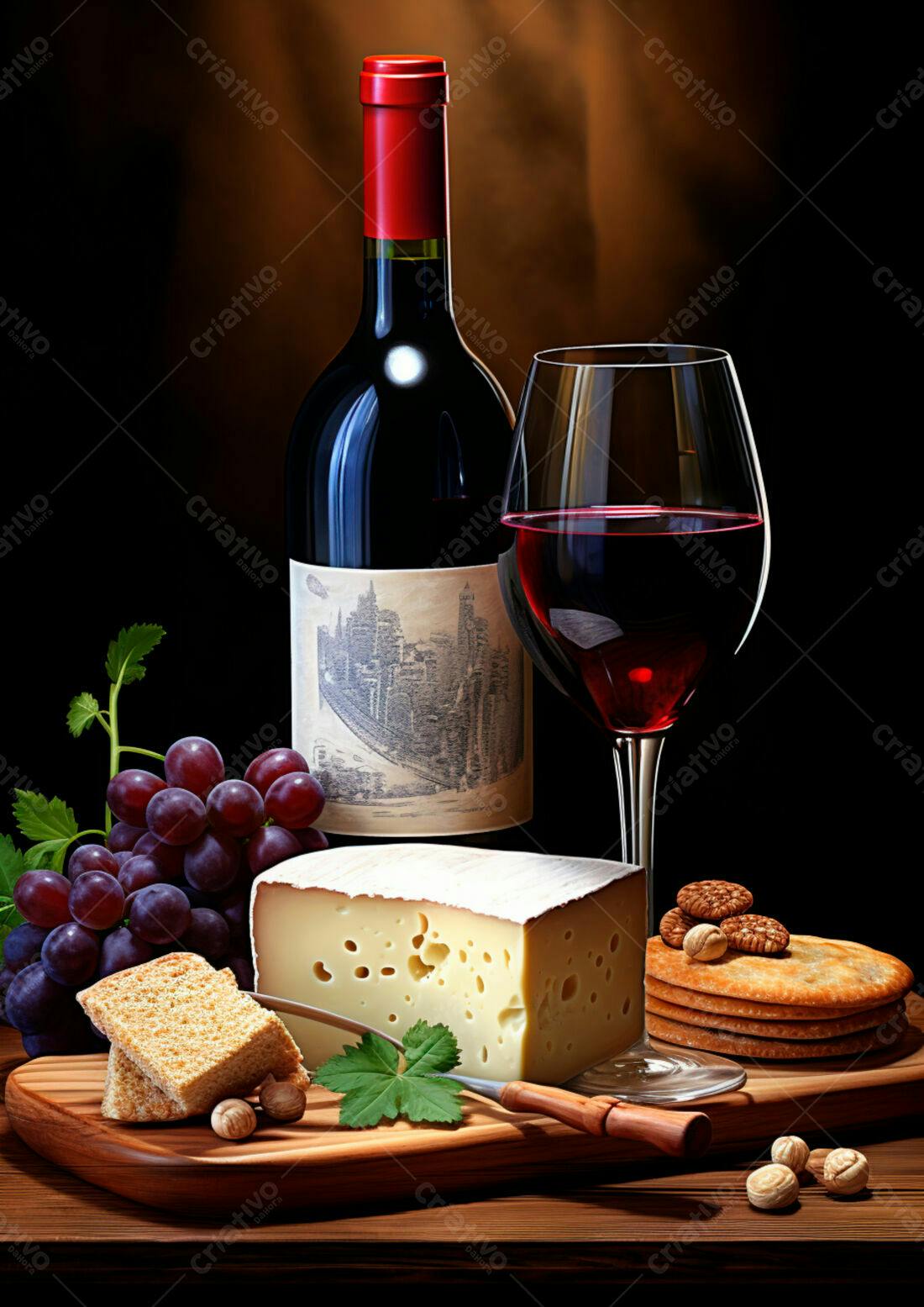 Vinho tinto queijo e uvas em mesa de madeira