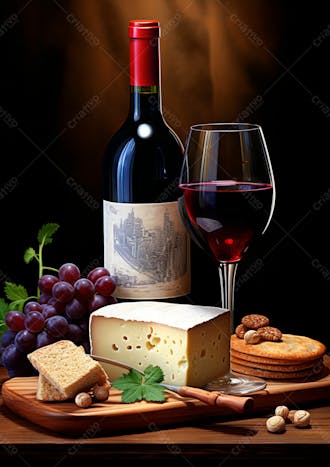 Imagem de uma garrafa de vinho tinto com queijo e uvas ao lado 16