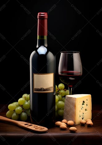 Imagem de uma garrafa de vinho tinto com queijo e uvas ao lado 17