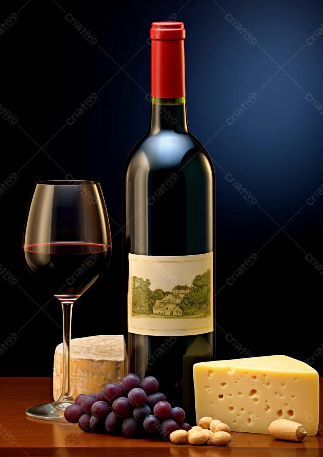 Vinho tinto queijo e uvas em mesa de madeira