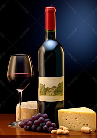 Imagem de uma garrafa de vinho tinto com queijo e uvas ao lado 18