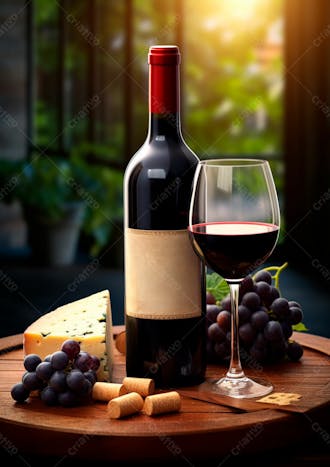 Imagem de uma garrafa de vinho tinto com queijo e uvas ao lado 19
