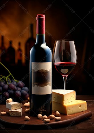 Imagem de uma garrafa de vinho tinto com queijo e uvas ao lado 20