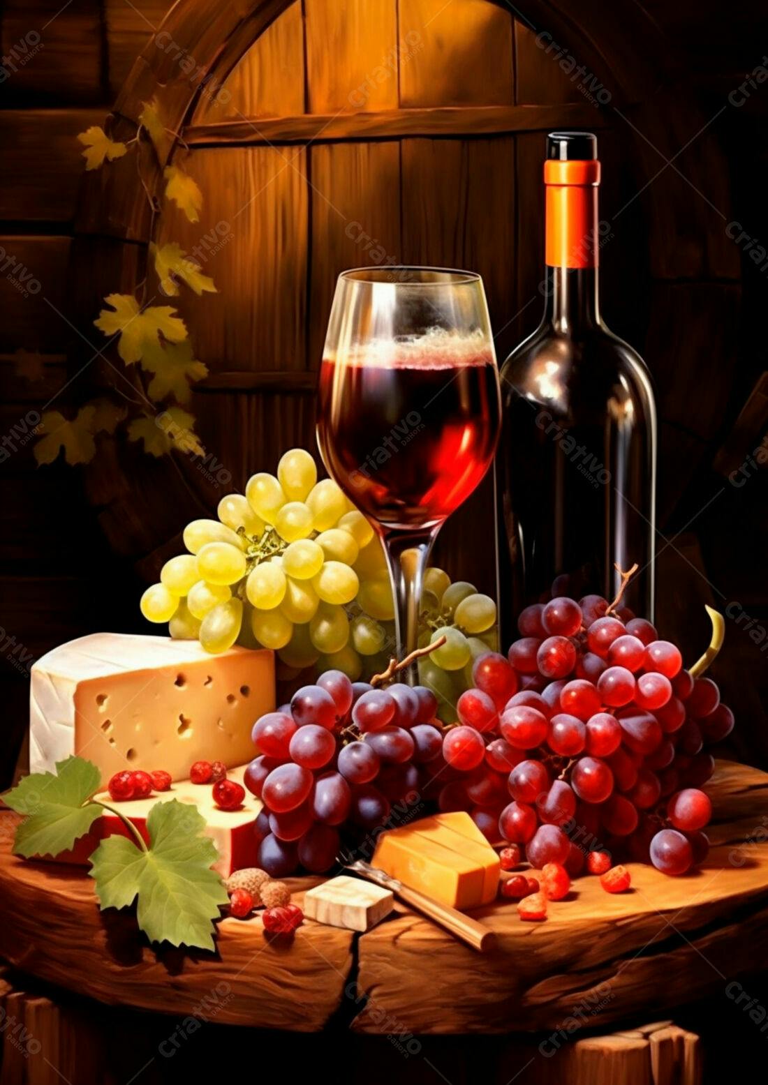 Vinho tinto uvas e queijos sobre barril