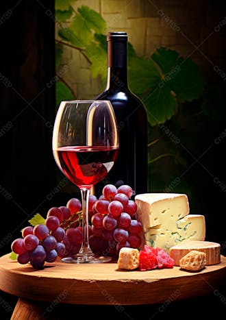 Imagem de uma garrafa de vinho tinto com queijo e uvas ao lado 22